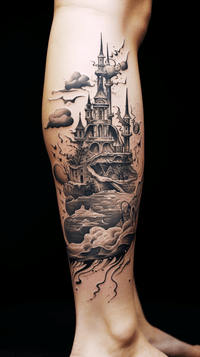 A tattoo design of towering castle with dragons swirling up, transforming the leg into a storybook spire. --ar 9:16