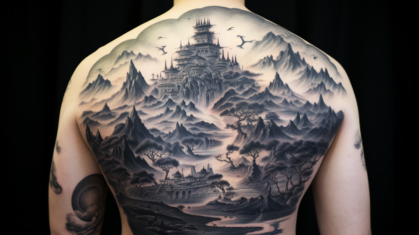 A wide-angle mythical landscape sprawling across the back, creating a breathtaking panorama of ink