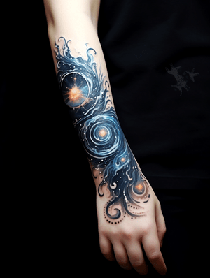 A wide-angle mythical landscape sprawling across the back, creating a breathtaking panorama of ink