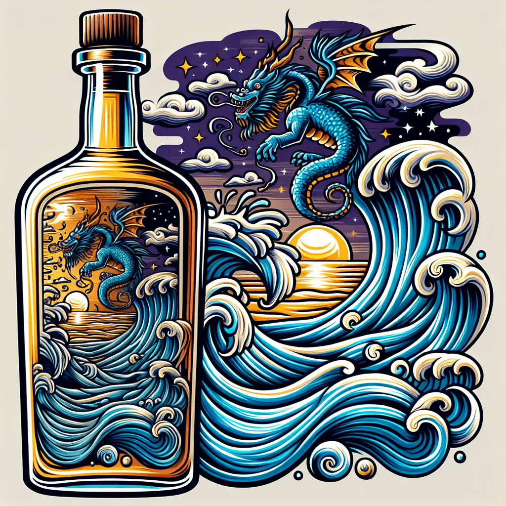 AI-generated Sailor Jerry style tattoo: a blue dragon flying over the sea in a dark atmosphere with a little light from sunset