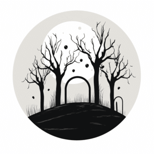minimalism tattoo design: a spooky haunted house on a hill with ghostly figures lurking --simple