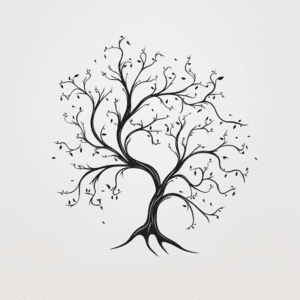 minimalism tattoo design: a small ancient tree with deep roots and few leaves --simple