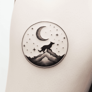 minimalism tattoo design: a lone wolf howling beneath the stars