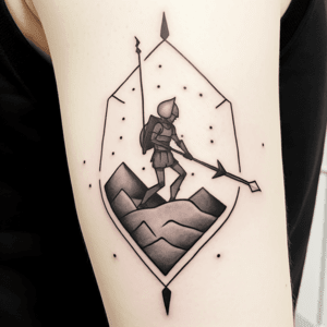 minimalism tattoo design: a stickman knight in a battlefield with minimalistic decorations --simple