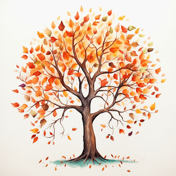 minimalism tattoo design: a lone tree with autumn leaves falling gently around it